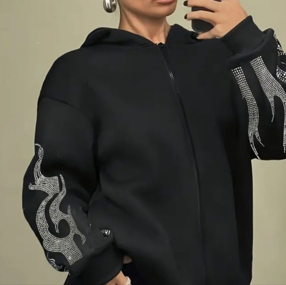 Black Zip-Up Hoodie with Rhinestone Flame Design - Picture 11 of 12